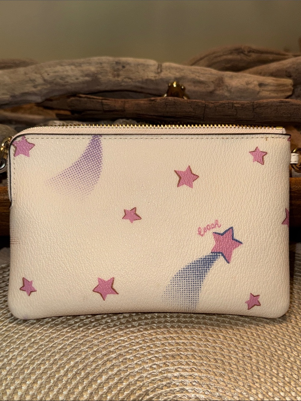 Coach Cream Wristlet with Pink Star Print and Blue Accents - Picture 2 of 5